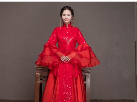 荷葉邊袖新娘結(jié)婚禮服，優(yōu)雅網(wǎng)紗蓬松中式禮服