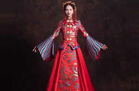 創(chuàng)意袖口新娘結(jié)婚禮服，奢華拖尾中式禮服