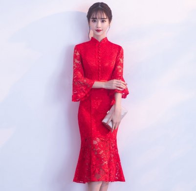 紅色性感蕾絲中式禮服，中式復(fù)古晚禮服