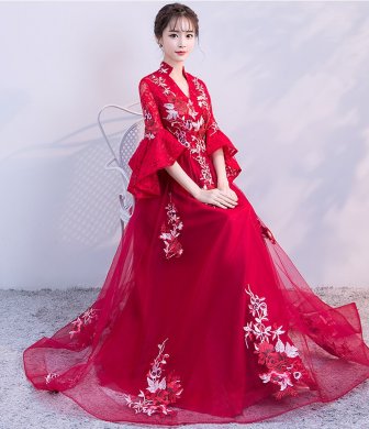 時(shí)尚喇叭袖中式禮服，性感唯美晚禮服