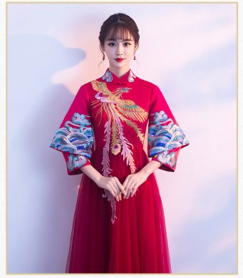 復(fù)古鳳凰刺繡中式禮服，中國風(fēng)結(jié)婚晚禮服