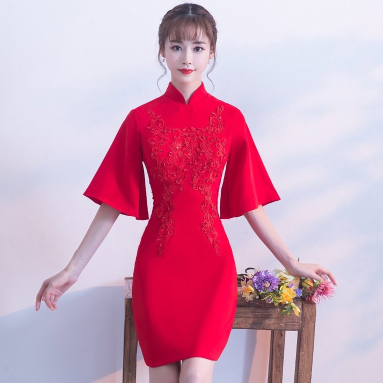 氣質(zhì)小禮服裙，短款紅色中式禮服