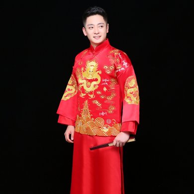 金龍刺繡男士中式禮服，時尚中國風新郎禮服