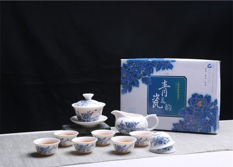 青花瓷茶具套裝禮盒，家用白瓷功夫茶具