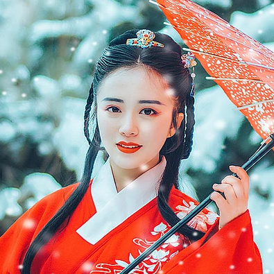 唯美古風真人頭像：雪花帶傘紅衣女生頭像